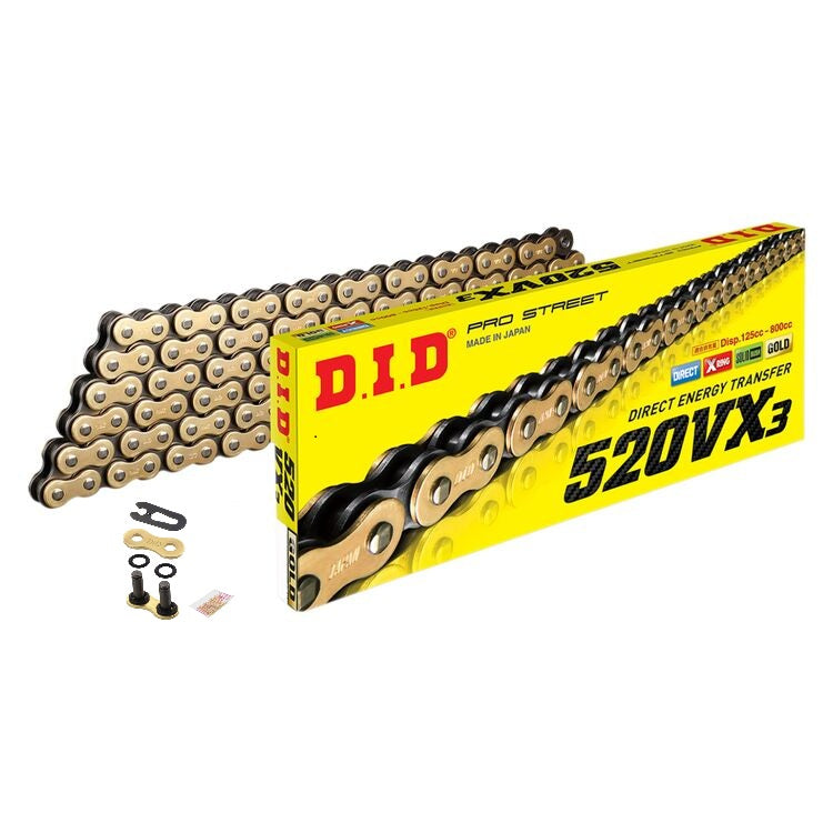 DID 520VX3 X-Ring Gold Chain - 520 x 120 Link - Clip Link