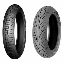 Load image into Gallery viewer, The Michelin Pilot Road 4 has new tread patterns developed for both front and rear to optimise wet and dry grip at all lean angles, and to promote uniform wear