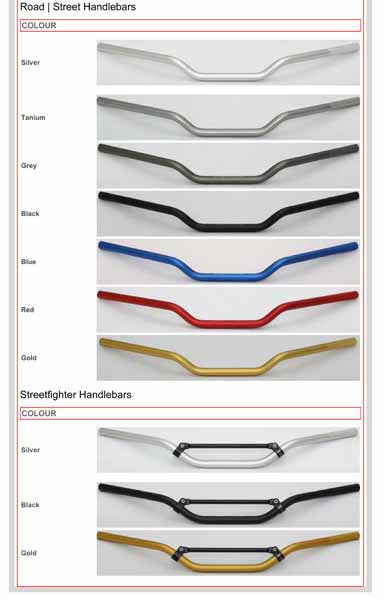 Renthal 7/8th road handlebars are available in a range of colours - not all available for the New Zealand market and varies with bends