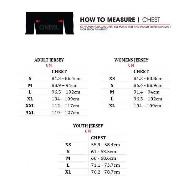 O neal store jersey size chart