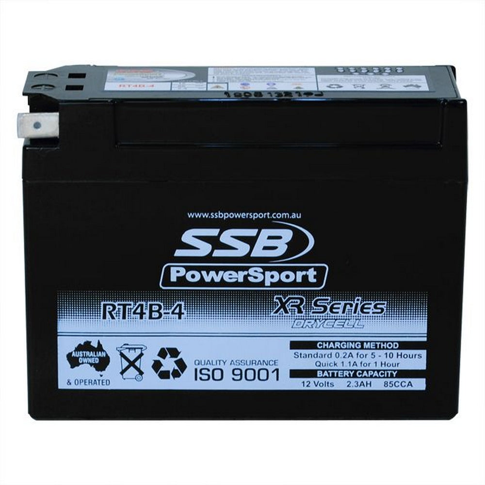 A black SSB PowerSport AGM battery, model RT4-BS, with branding and specifications printed on the label.