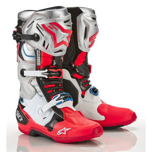 Alpinestars Tech-10 Adult MX Boots - Black / White / Silver / Fluoro Red