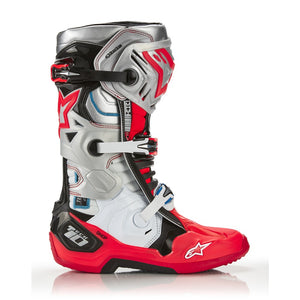 Alpinestars Tech-10 Adult MX Boots - Black / White / Silver / Fluoro Red