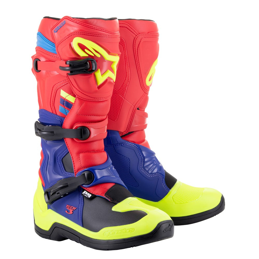 Alpinestars Tech-3 Adult MX Boots - Bright Red / Dark Blue / Fluro Yellow