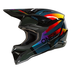 Colorful motocross helmet with 'O'Neal' branding on a white background
