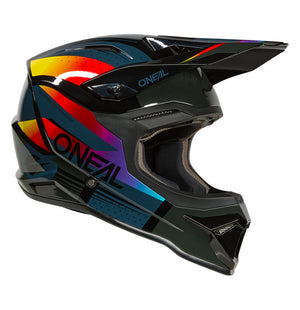 Colorful motocross helmet with 'O'Neal' branding on a white background
