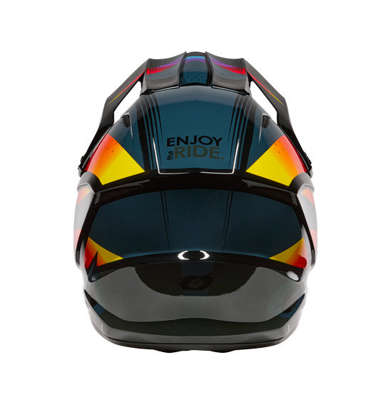 Motorcycle helmet with colorful design and 'Enjoy the Ride' text on a white background