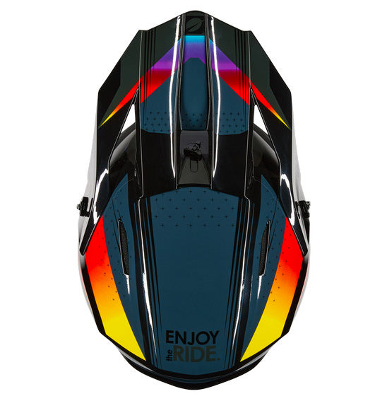 Colorful motorcycle helmet with rainbow design on a white background