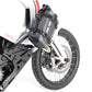 Black motorcycle pannier bag attached to a white motorcycle.