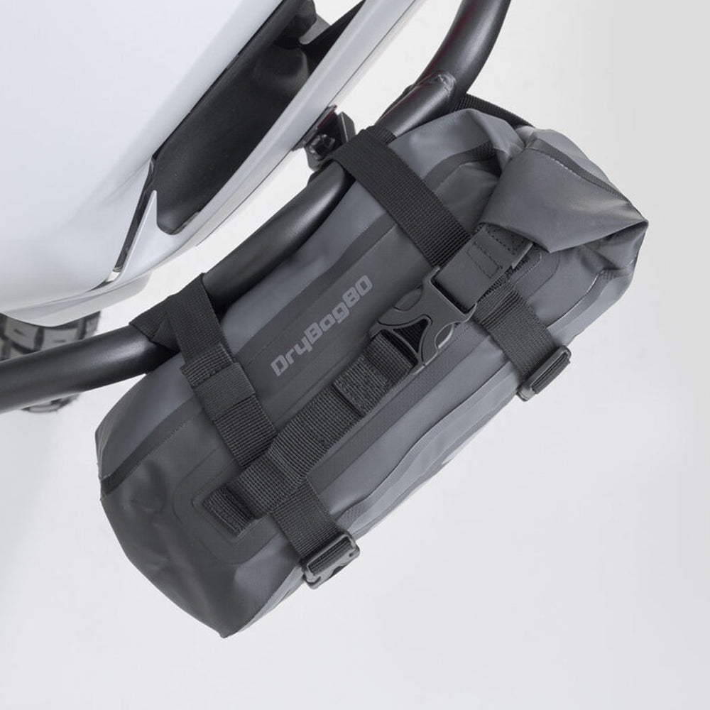 Gray waterproof bag attached to a bicycle frame.