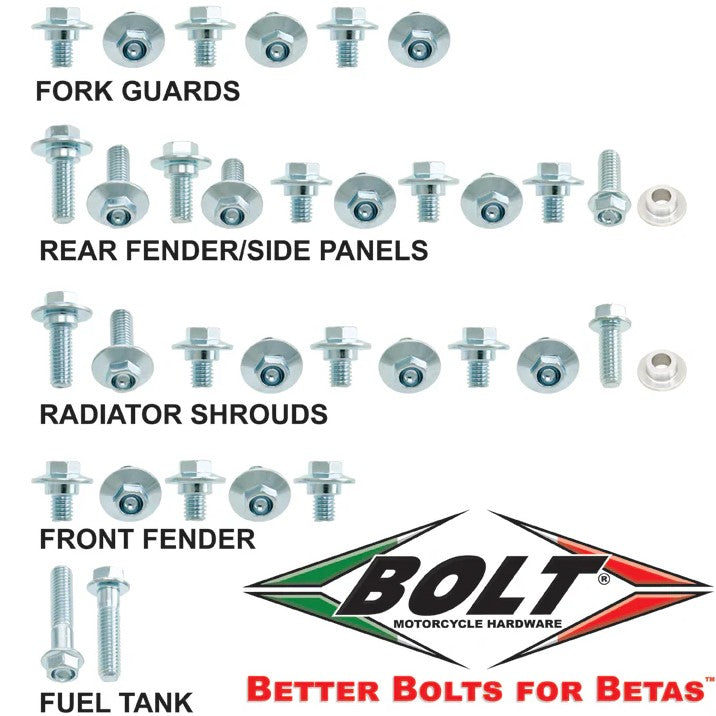 Collection of bolts and hardware components with labels for different motorcycle parts and Bolt Motorcycle Hardware logo.