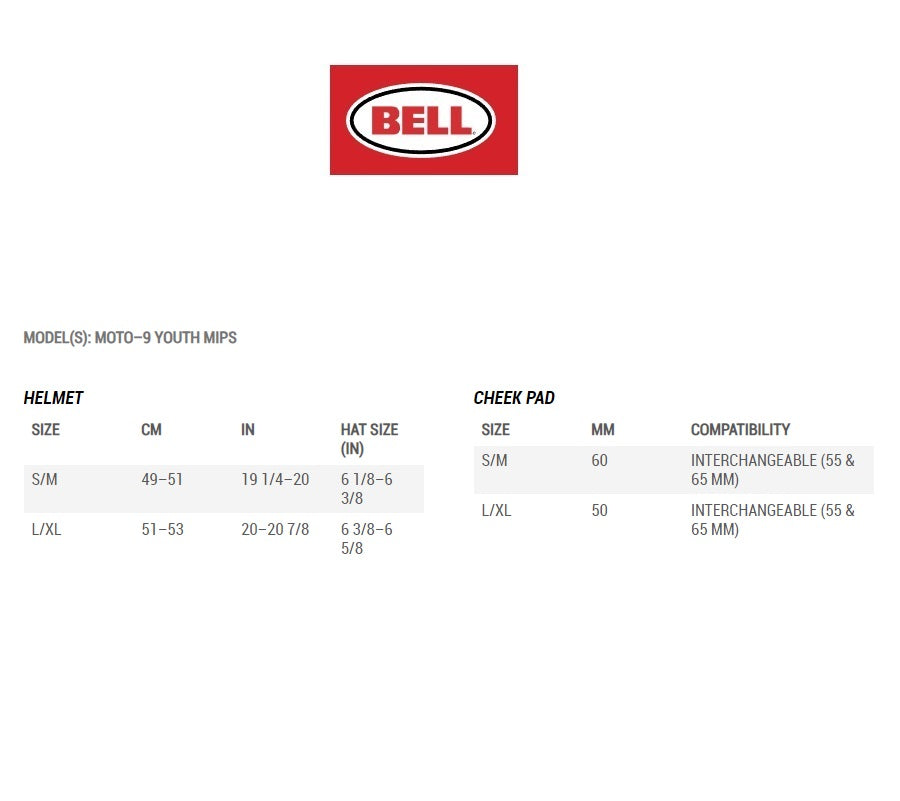 bell full 9 helmet sizing Bell Moto-9 MIPS Youth MX Helmet