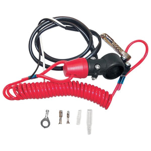 A tether kill switch with a red coiled cable, black panel mounted switch, and metal clip components.