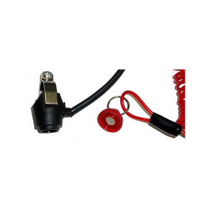 A black tether kill switch with a red magnetic button and a black electrical plug against a white background.