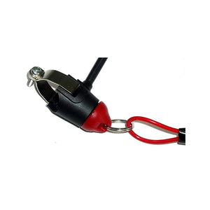 A black magnetic tether kill switch with a red cable and a carabiner attached.