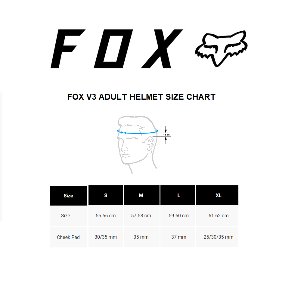Fox v3 deals helmet size chart