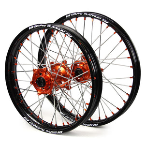 WHEEL SET SMPRO FRONT &REAR ORANGE HUB BLACK RIMS 21 FRONT 19 REAR KTM125 150 250SX 250 350 450SXF