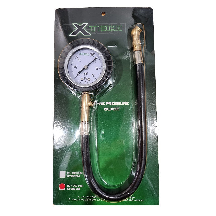 X-Tech 10-70PSI Tyre Pressure Gauge With Hose