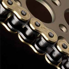 Load image into Gallery viewer, Renthal R4 Road Chain uses quality materials - all R4 SRS Road chains feature high alloy steel plates and pins, solid bushings and rollers, shot peened side plates for added strength and gold side plates.