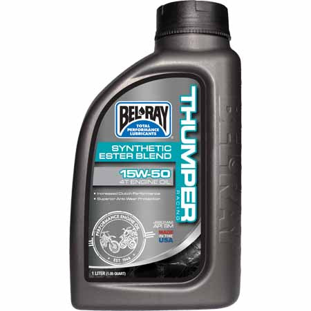 1L - 15W-50 - Bel-Ray Thumper Racing Synthetic Ester Blend 4T Engine Oil combines the finest quality synthetic esters and mineral base oils specifically engineered for today’s 4-stroke single cylinder, multi-valve racing engines.
