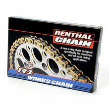 Load image into Gallery viewer, Renthal R1 works chain is a non o-ring chain designed specifically for motocross and off-road racing applications. Each chain includes a masterlink and a pair of latex gloves for mess free installation.